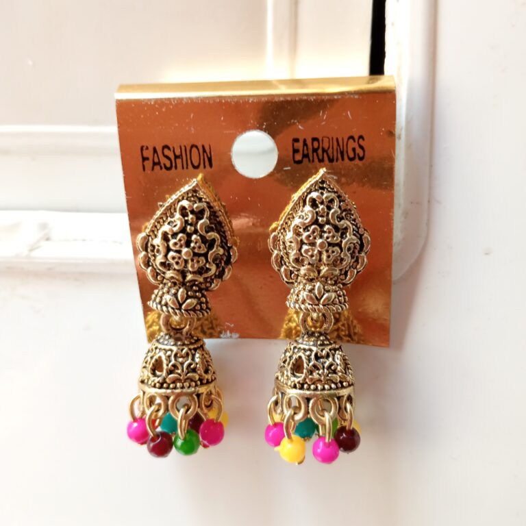 Small Jewellery, Big Confidence”Traditional Gold Plated Jhumka Earrings with Multicolor Beads for Women