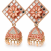 Peach floral mirror work jhumka earrings side view with crystal embellishments and hanging bead details.
