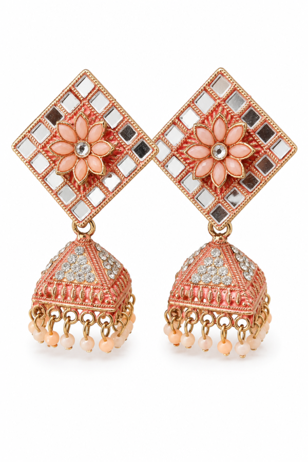 Peach floral mirror work jhumka earrings side view with crystal embellishments and hanging bead details.
