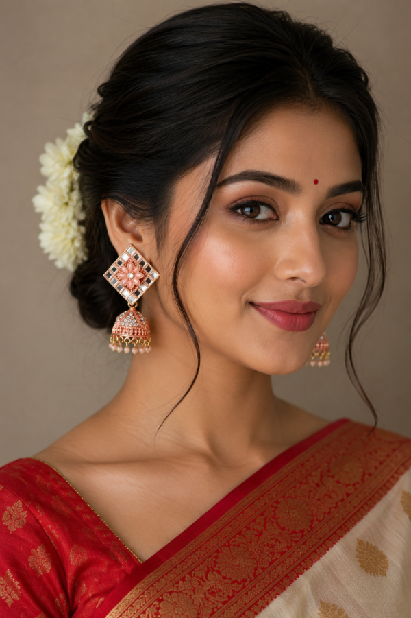 Peach floral mirror work jhumka earrings with gold finish and bead drops for women, ideal for wedding, festive and ethnic wear.
