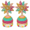 Colourful floral statement jhumka earrings with crystal stones and multicolour bead drops