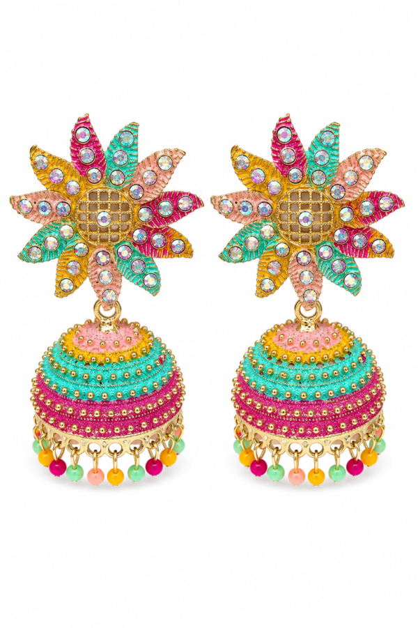 Colourful floral statement jhumka earrings with crystal stones and multicolour bead drops