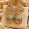 Multicolour floral jhumka earrings with rhinestones enamel design and colourful bead drops