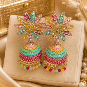 Multicolour floral jhumka earrings with rhinestones enamel design and colourful bead drops