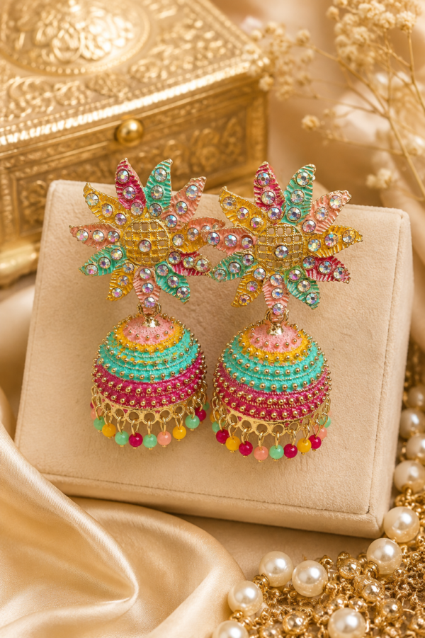 Multicolour floral jhumka earrings with rhinestones enamel design and colourful bead drops