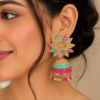 Ethnic multicolour designer jhumka earrings with floral motif and dangling bead accents