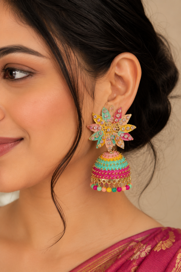 Ethnic multicolour designer jhumka earrings with floral motif and dangling bead accents