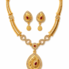 Front view of gold plated American diamond necklace set with ruby stone pendant and matching earrings.