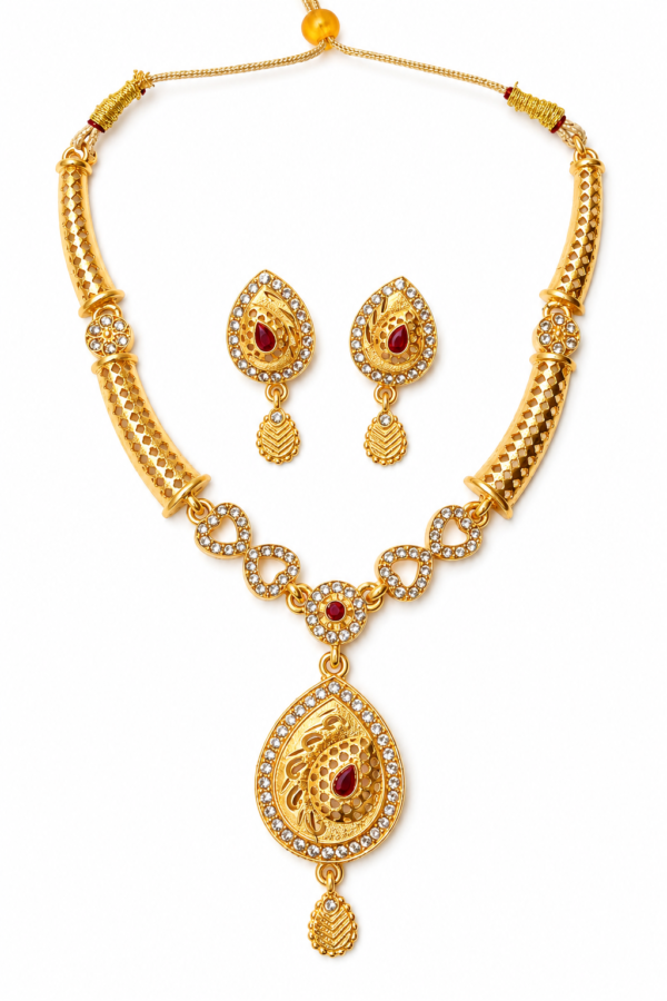 Front view of gold plated American diamond necklace set with ruby stone pendant and matching earrings.