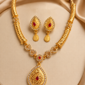 Gold plated American diamond necklace set with ruby stone pendant and matching earrings for women.