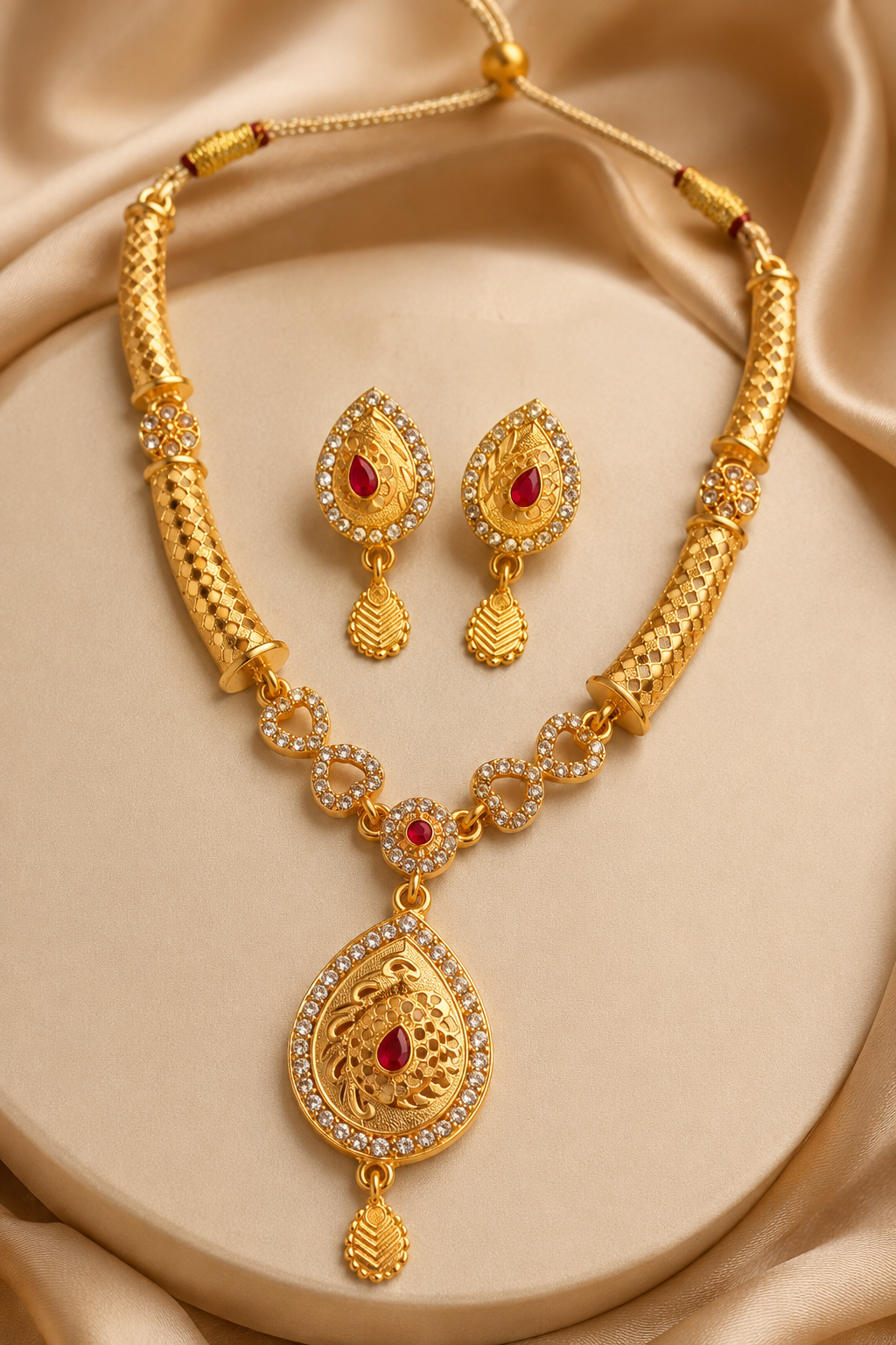 Gold plated American diamond necklace set with ruby stone pendant and matching earrings for women.