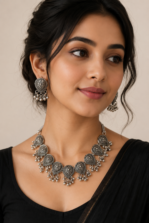 Ethnic Jewellery for Women Elegant handcrafted oxidised silver choker necklace set with matching earrings for ethnic and festive occasions.