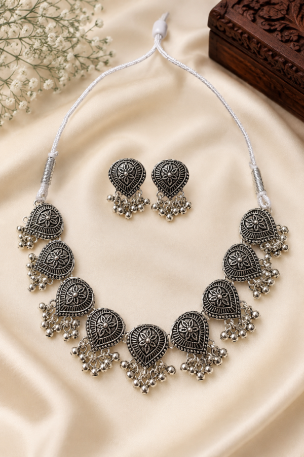 Oxidised Silver Choker Necklace Set Handcrafted Oxidised Silver Choker Necklace Set with Matching Earrings for Women