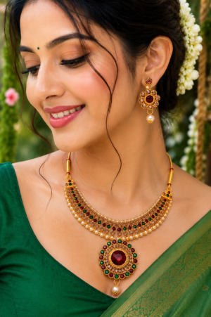 Sawan Special Green Stone Necklace Set Front View Sawan Special Green Stone Necklace Set with Matching Earrings