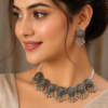 Traditional Silver Finish Floral Statement Necklace Set