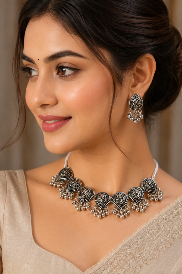 Traditional Silver Finish Floral Statement Necklace Set