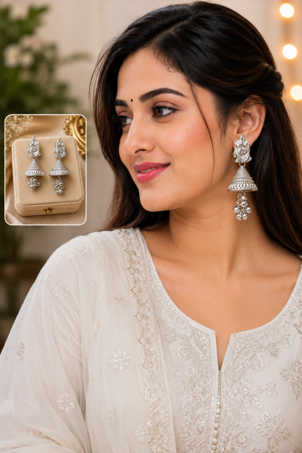 Designer Radha Krishna Silver Finish Jhumka Earrings