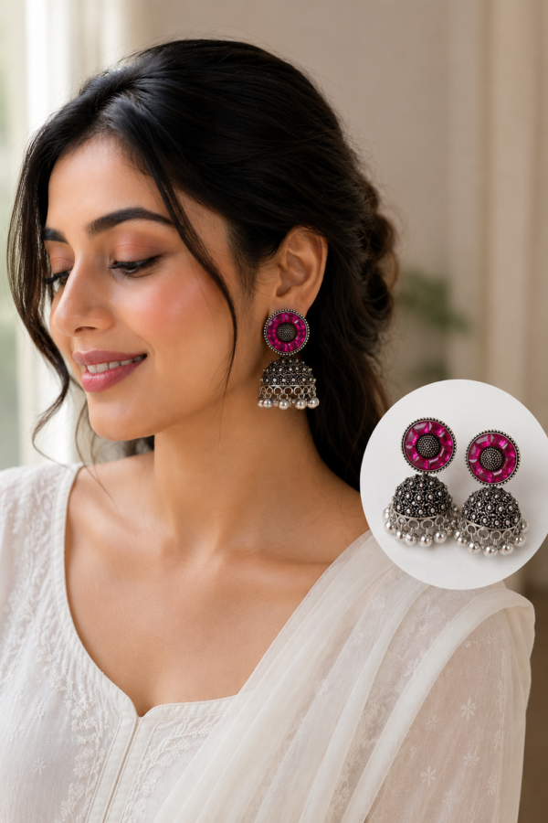 Premium Pink Stone Oxidised Jhumka Earrings Pink Stone Oxidised Jhumka Earrings for Women by SHINE GEHNA