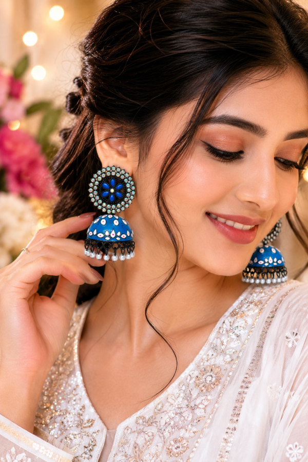 Blue oxidised crystal jhumka earrings