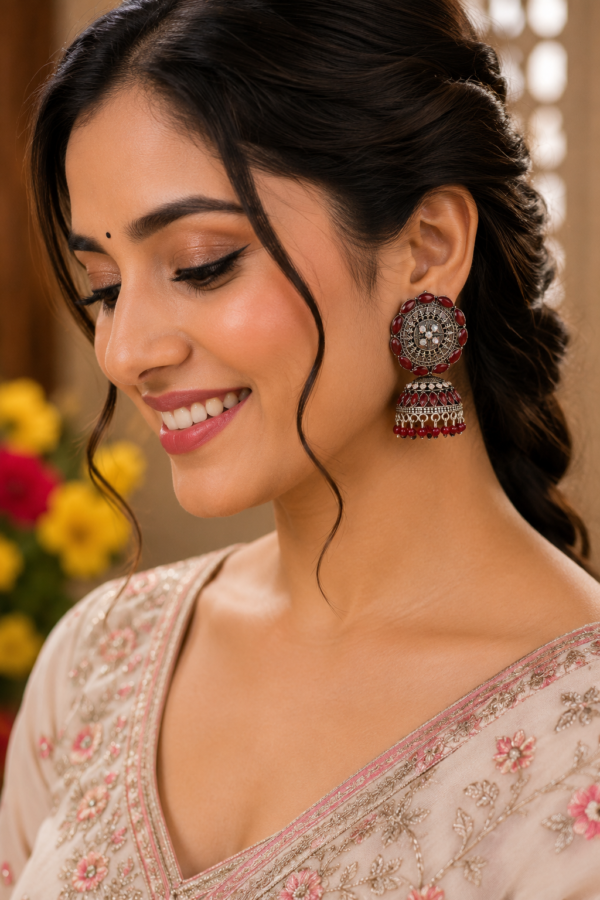 Designer Red Stone Ethnic Jhumka Earrings for Wedding Wear