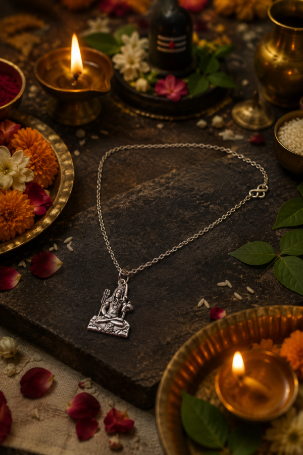 Person wearing Mahadev Shiva pendant necklace with traditional outfit