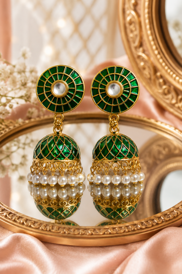 Sawan Special Green Jhumka Earrings Front View Sawan Special Green Jhumka Earrings with Pearl Drops