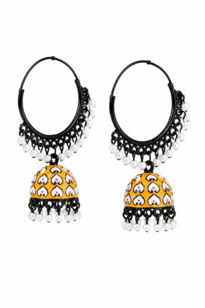 Yellow Meenakari Hoop Jhumka Earrings Front View for Women