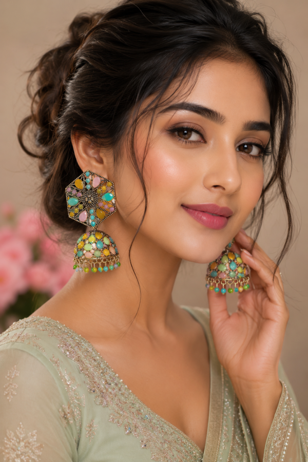 Designer Stone Jhumka Earrings Designer Multicolor Stone Jhumka Earrings Close View