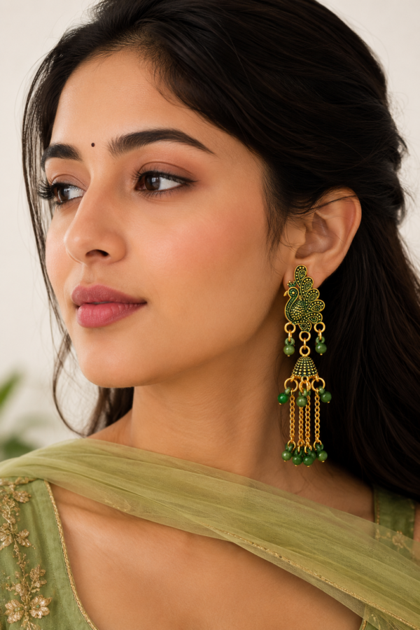 Designer Green Peacock Long Jhumka Earrings for Women