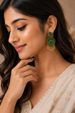 Peacock Feather Heart Oxidised Earrings with Golden Ghungroo for Women