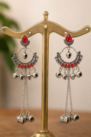 Antique Silver Chandbali Jhumka Earrings | SHINE GEHNA Antique Silver Chandbali Jhumka Earrings for Women with Red Stones
