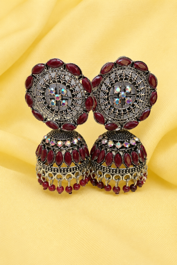 Elegant Traditional Maroon Jhumka Earrings Maroon Oxidised Jhumka Earrings for Women Front View