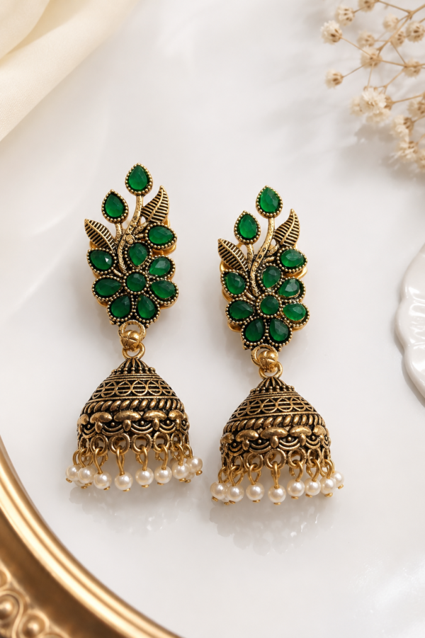 Green Stone Pearl Jhumka Earrings Green Stone Pearl Drop Jhumka Earrings for Sawan Festival