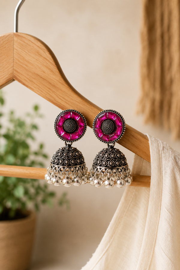 Elegant Party Wear Oxidised Jhumka Earrings Party Wear Pink Stone Oxidised Earrings for Women