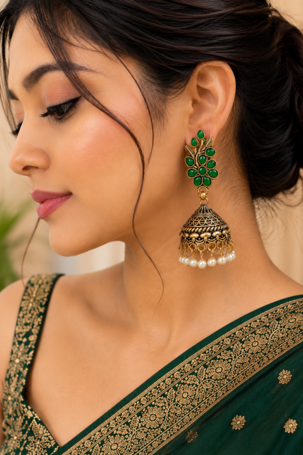 Hariyali Teej Green Temple Earrings Hariyali Teej Green Stone Temple Style Jhumka Earrings
