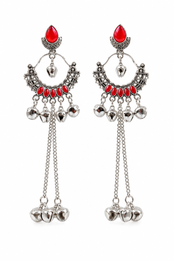 Luxury Ethnic Chandbali Earrings Designer Oxidised Silver Red Stone Chandbali Earrings