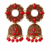 Red Stone Gold Finish Jhumka Earrings for Women by SHINE GEHNA