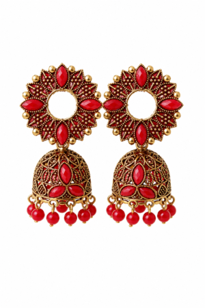 Premium Red Stone Jhumka Earrings Red Stone Gold Finish Jhumka Earrings for Women by SHINE GEHNA