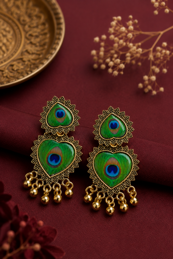 Traditional Peacock Feather Heart Earrings Antique Gold Jewellery