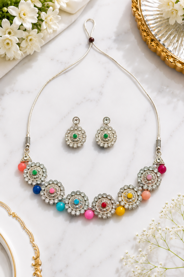 Designer Silver Finish Floral Necklace Set