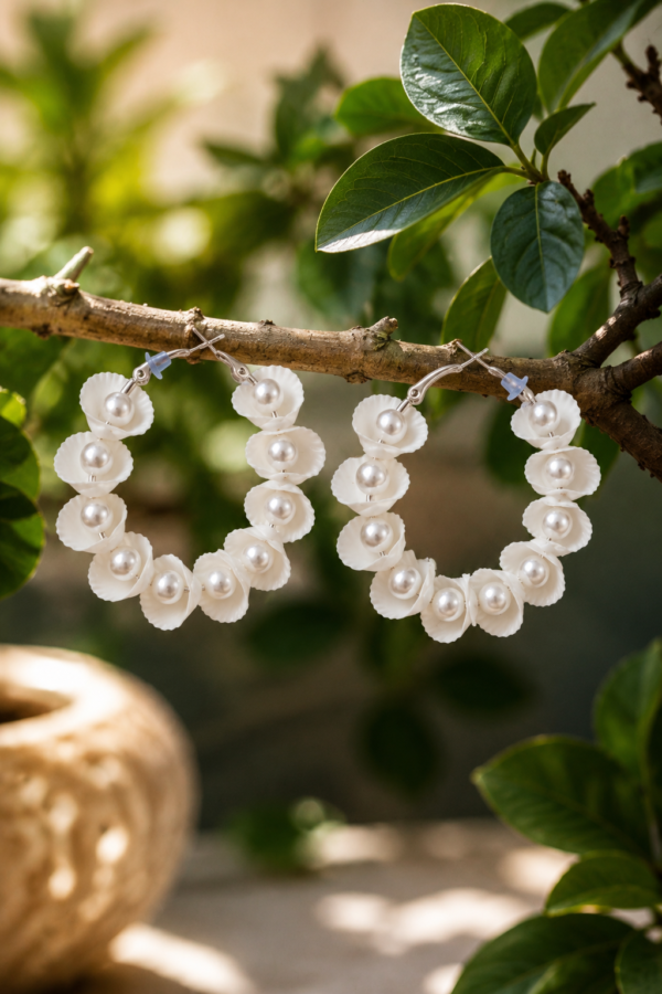White Floral Pearl Statement Hoop Earrings Close-Up