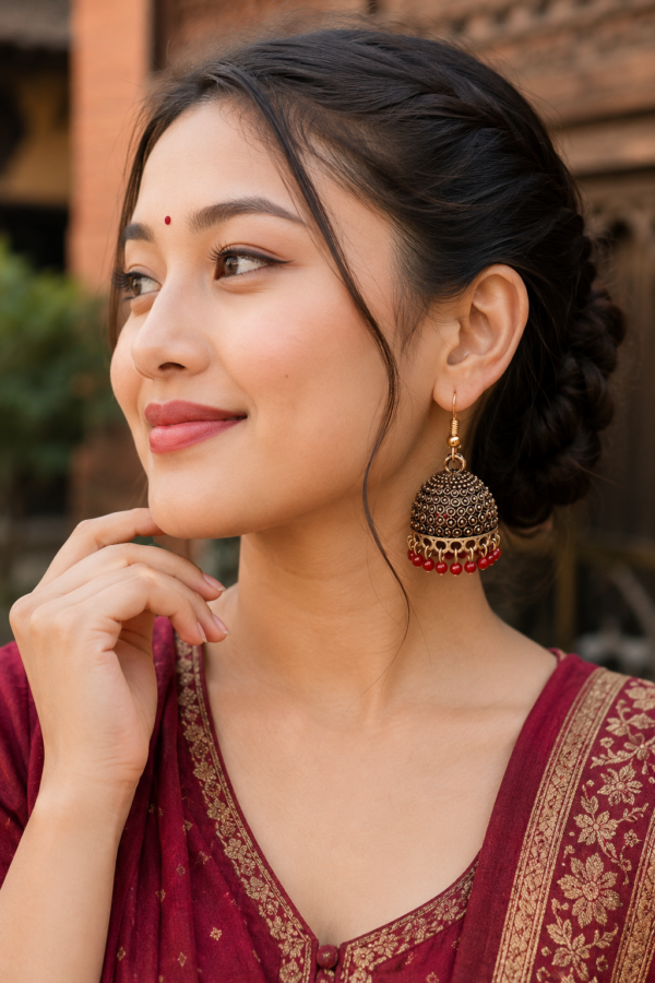 Elegant Red Bead Antique Jhumka Earrings