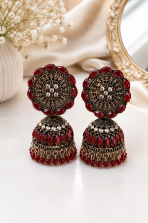Red Stone Traditional Jhumka Earrings Front View Red Stone Traditional Jhumka Earrings for Women with Antique Finish