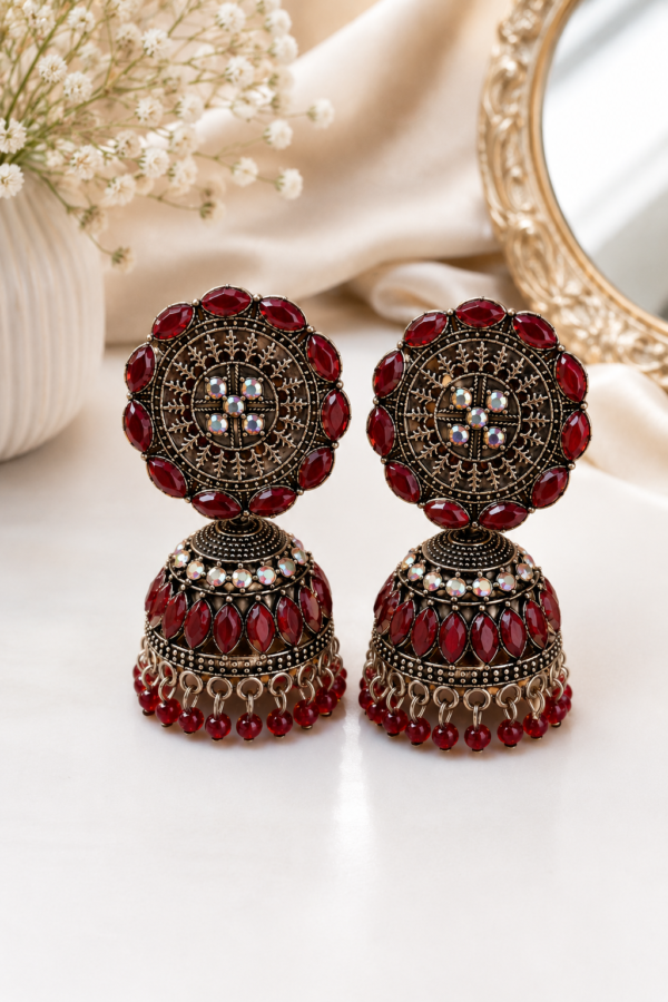Red Stone Traditional Jhumka Earrings for Women with Antique Finish