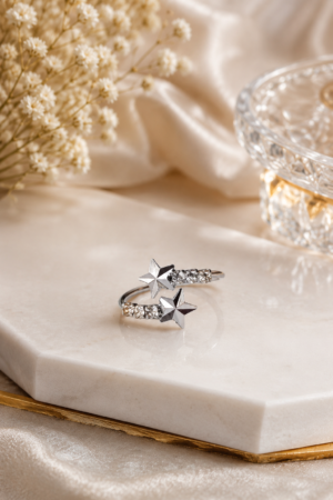 Silver Double Star Adjustable Ring for Women with Crystal Design