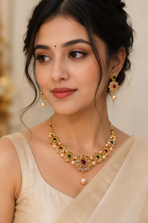 Designer Gold Finish Floral Necklace Set with Earrings