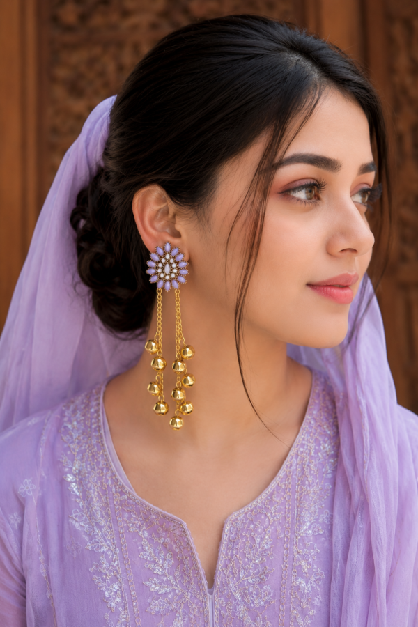 Traditional Gold Kashmiri Earrings Designer Gold Finish Lavender Kashmiri Earrings