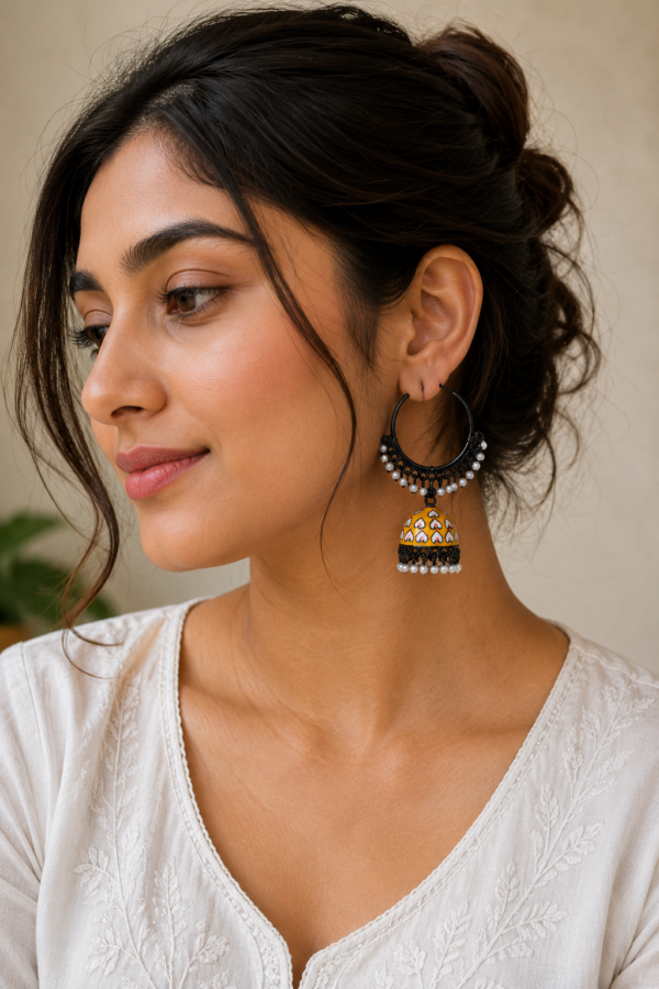 Traditional Yellow Meenakari Hoop Earrings Close-Up