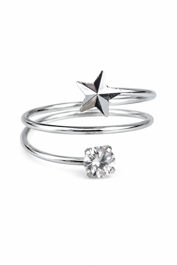 Silver Star Adjustable Ring for Women with Crystal Stone