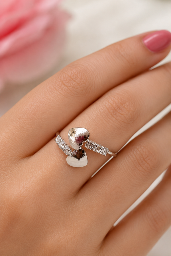 Silver Double Heart Adjustable Ring | SHINE GEHNA Silver Double Heart Adjustable Ring for Women with Crystal Stones